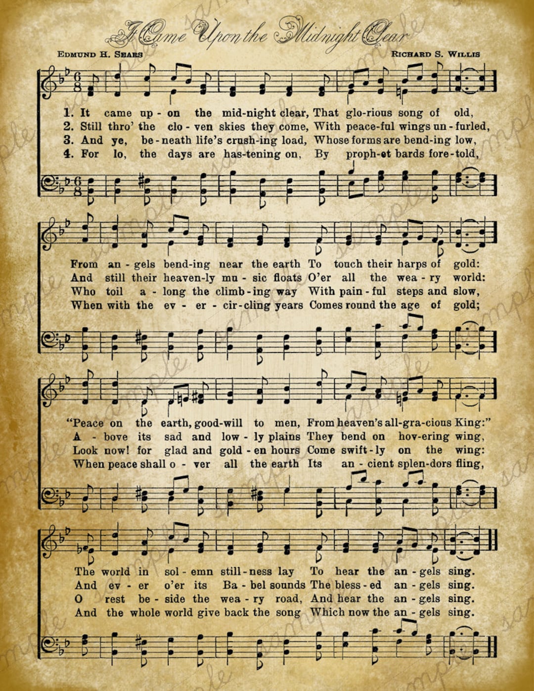 grungy-aged-vintage-christmas-carol-music-digital-sheet-instant-printable-download-2-sheets-the-first-noel-it-came-upon-a-midnight-clear-etsy