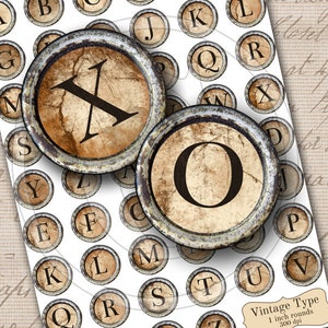 May include: Vintage typewriter keys with a distressed, aged look. Each key features a letter of the alphabet in black on a beige background. The keys are 1 inch in diameter and have a rusty metal rim.