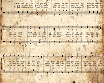 Grungy Aged Vintage Christmas Carol Music Digital Sheet INSTANT Printable Download 2 Sheets Hark the Herald Angels - I Saw Three Ships