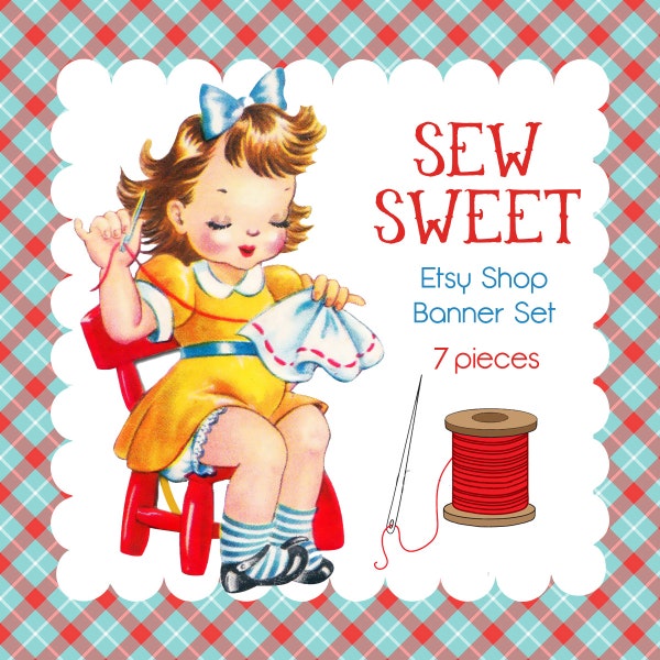 Etsy Shop Banner Set - Pre-made Cute Vintage Girl -1950s Sewing Design - 6 Piece Set - "Sew Sweet "