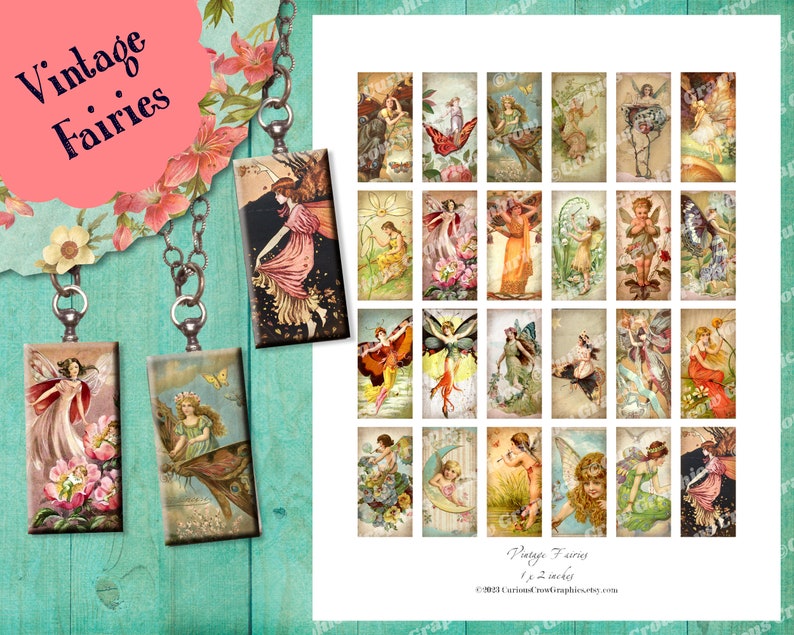 Vintage Fairies 1 x 2 inch Domino Digital Collage Sheet INSTANT Printable Download Jewelry, Scrapbook, Pendants image 2