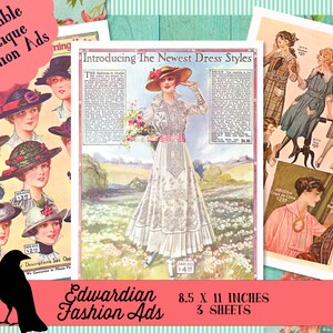 Edwardianische Mode Werbung Digitale Bilder Download Clip Art Drei 8,5 x 11 Blätter Damen Kleider Hüte