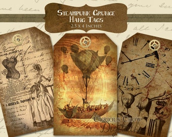 Grungy Steampunk Hang Tags Digital Collage Sheet - 2.5 x 4 Inches on 8.5 x 11 and A4 -Instant Printable Download
