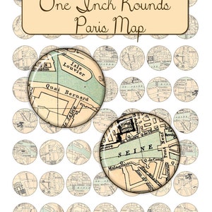Vintage Paris Karte 1 Zoll 25mm Kreis Runden Digital Collage Sheet - INSTANT Download - Flaschenverschluss Anhänger Schmuck - printable Download