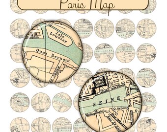 Vintage Paris Map 1 inch 25mm Circle Rounds Digital Collage Sheet -  INSTANT Download - Bottle cap Pendant Jewelry - Printable Download