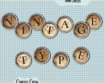 Vintage Typewriter Grungy Keys Letters 14mm Circle Rounds Digital Collage Sheet  INSTANT Download - Bottle cap Pendant Jewelry