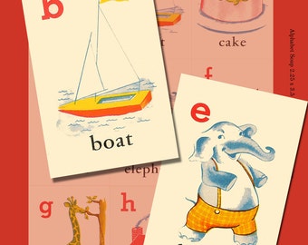 Vintage Alphabet Flash Cards Digital Collage Sheets - INSTANT Printable Download - Cute Graphics - Three Sheets