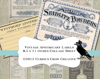 Vintage Pharmacy Apothecary Labels Digital Collage Sheet - Vintage Clip Art  INSTANT Printable Download