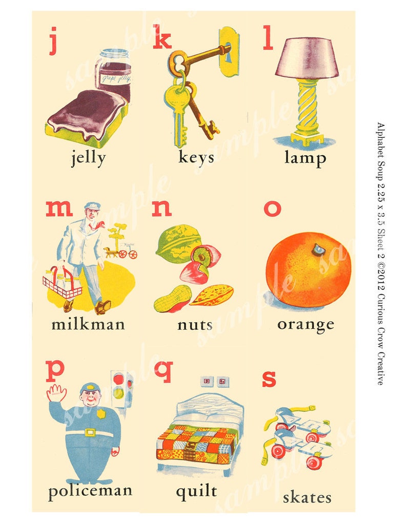 May include: A colorful alphabet chart with illustrations for each letter. The letters are in red, and the illustrations are in various colors. The illustrations include a jar of jelly, keys, a lamp, a milkman, nuts, an orange, a policeman, a quilt, and skates.