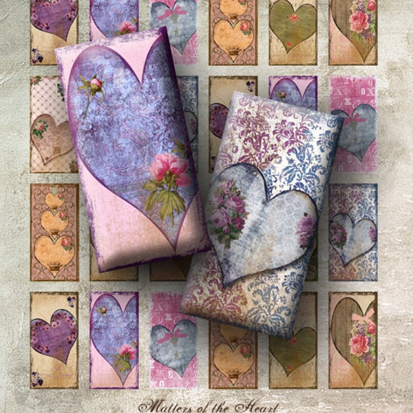 Grungy, Shabby Hearts 1 x 2 inch Domino Digital Collage Sheet -  INSTANT Printable Download - Jewelry, Scrapbook, Pendants