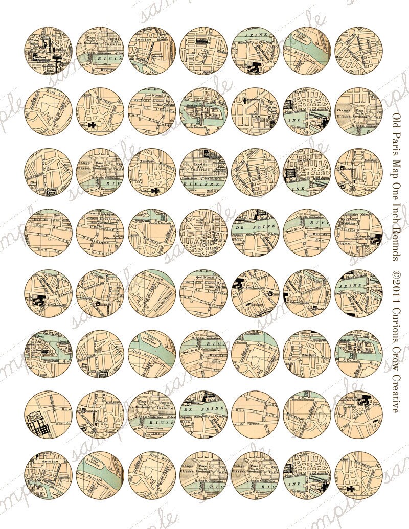 Vintage Paris Map 1 Inch 25mm Circle Rounds Digital Collage Sheet ...