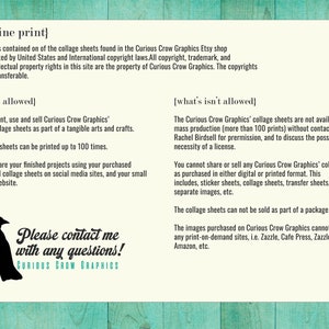 May include: A black and white illustration of a crow with the text "Please contact me with any questions! Curious Crow Graphics" on a white background. The text below the illustration outlines the terms of use for the digital collage sheets.