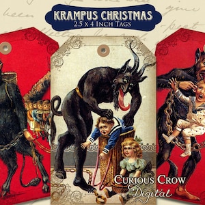 Krampus Christmas Gift Tags Digital Collage Sheet  2.5 x 4 Inches -  Instant Printable Download