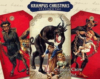 Krampus Christmas Gift Tags Digital Collage Sheet  2.5 x 4 Inches -  Instant Printable Download