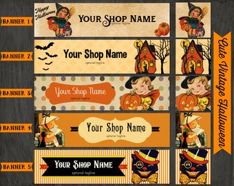 Halloween Etsy Shop Banner Set Cute Vintage Design Your Choice from 5 Pre-made Vintage, Holiday Designs