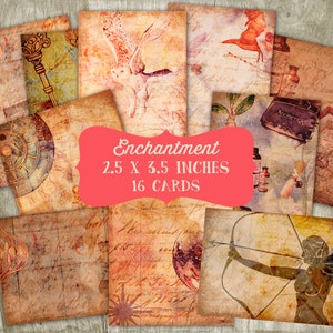 May include: Set of 16 vintage-style cards featuring various images, including an owl, a key, a compass, a clock, a bottle, a scroll, an arrow, and a bow. The cards are 2.5 x 3.5 inches and have a distressed, aged look. The text "Enchantment" is printed on a red banner.