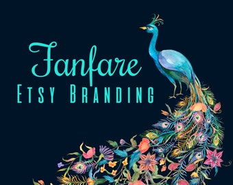 Etsy Shop Banner and Icon Pre-made Peacock Design - 2 Piece Set - "Fanfare"