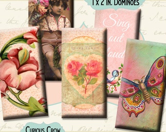 vintage Variété de designs roses 1 x 2 pouces Domino Digital Collage Sheet - Instant Printable Download - Bijoux, Scrapbook, Pendentifs