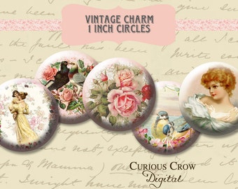 Vintage Charm 1 inch (25mm) Circle Rounds Digital Collage Sheet -  INSTANT Download - Bottle cap Pendant Jewelry - Printable Download