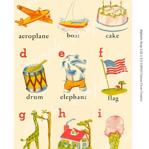 May include: A vintage alphabet chart with colorful illustrations of objects starting with each letter. The chart features an airplane, boat, cake, drum, elephant, flag, giraffe, house, and ice cream.