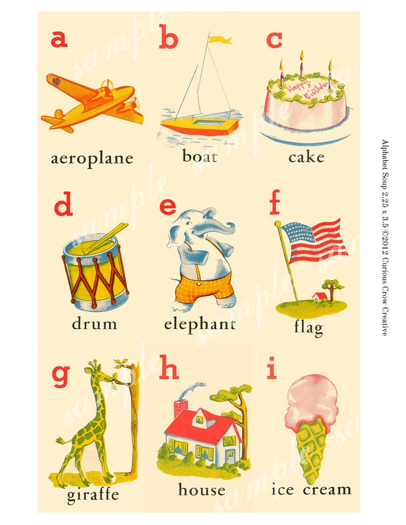 May include: A vintage alphabet chart with colorful illustrations of objects starting with each letter. The chart features an airplane, boat, cake, drum, elephant, flag, giraffe, house, and ice cream.