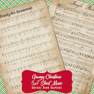 Grungy Aged Vintage Christmas Carol Music Digital Sheet INSTANT Printable Download 5 x 7 Frosty the Snowman and Jingle Bells