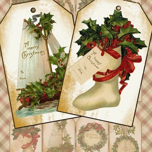 Christmas Gift Tags Digital Collage Sheet Printable Download Holly and Berries Hang Tags image 1