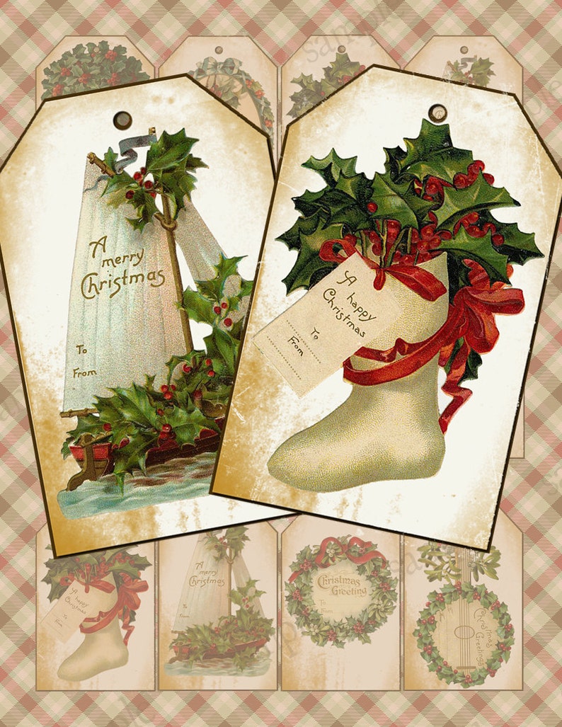Christmas Gift Tags Digital Collage Sheet Printable Download Holly and Berries Hang Tags image 1