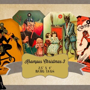 Krampus Christmas Gift Tags Set 3 Digital Collage Sheet  2.5 x 4 Inches -  Instant Printable Download