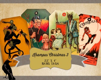 Krampus Christmas Gift Tags Set 3 Digital Collage Sheet  2.5 x 4 Inches -  Instant Printable Download