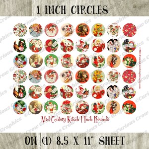 Christmas Circle Rounds Mid Century Kitschy 1 25 mm Digital Collage Sheet Instant Download Pendant Jewelry image 2