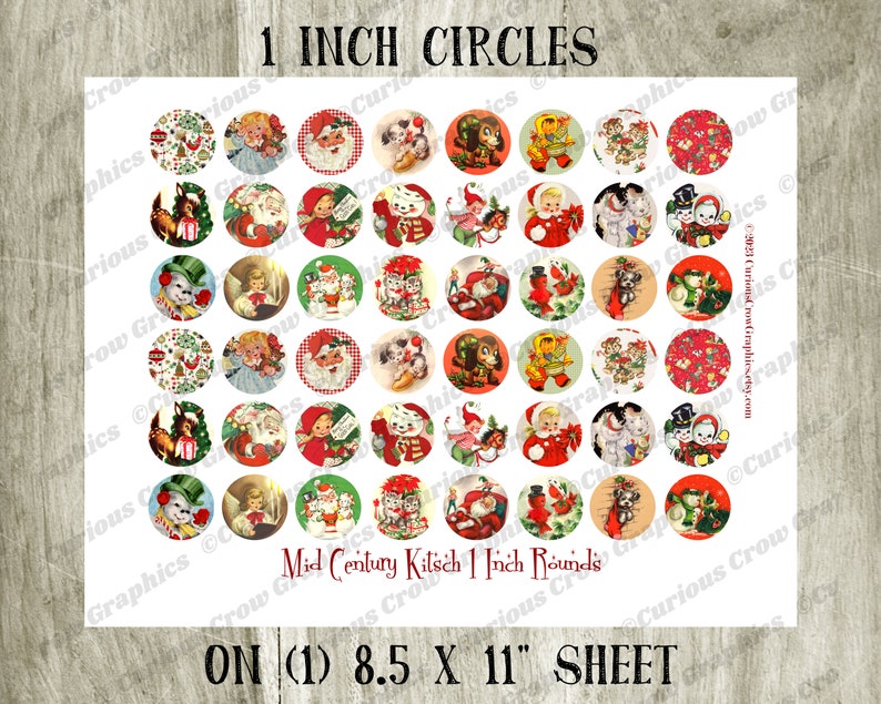Christmas Circle Rounds Mid Century Kitschy 1 25 mm Digital Collage Sheet Instant Download Pendant Jewelry image 2