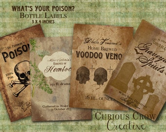 Grungy Poison Bottle Labels Digital Collage Sheet -  INSTANT Printable Download