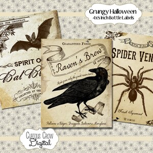Halloween Bottle Labels 4x5 inches Digital Collage Sheet  -  INSTANT Printable Download - Grungy Crow, Bat, Spider and Cat - Creepy Designs