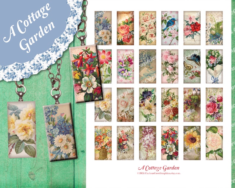 Cottage Garden 1 x 2 inch Domino Digital Collage Sheet INSTANT Printable Download Jewelry, Scrapbook, Pendants zdjęcie 2