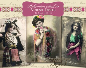 Vintage Boho Romany Mujeres Imágenes Collage Digital Hoja No. 1 2.5 x 3.5 ACEO ATC Junk Journal, Mixed Media, Hang Tag, Imprimible Descargar