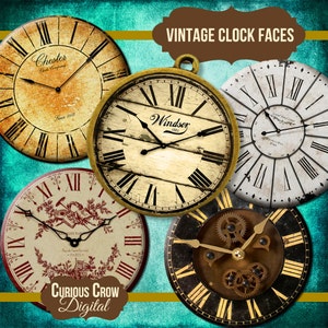 May include: Four vintage clock faces with Roman numeral markings. The clock faces are in various styles, including a wooden clock face with the text "Windsor 1883", a clock face with a floral design, and a clock face with gears.
