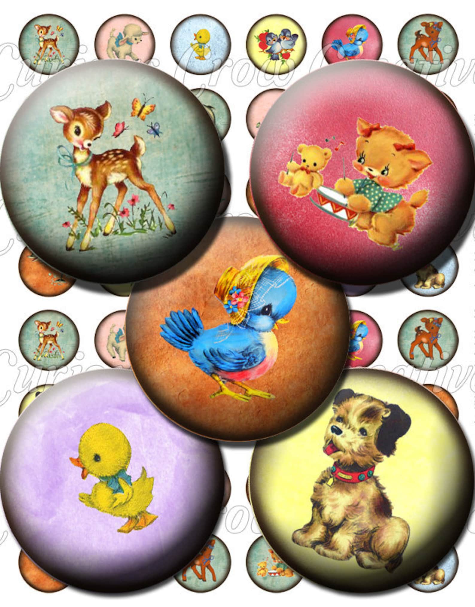 Cute Retro Animals 1 Inch 25mm Circle Rounds Digital Collage - Etsy