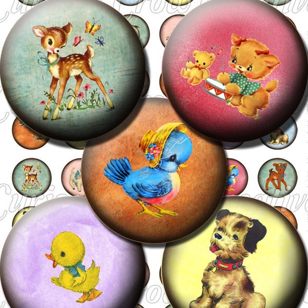 Cute Retro Animals 1 inch 25mm Circle Rounds Digital Collage Sheet -  INSTANT Download - Bottle cap Pendant Jewelry - Printable Download