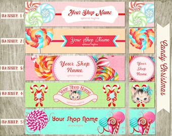 Christmas Etsy Shop Banner Set Candy Design Your Choice from 5 Pre-made Vintage, Holiday Designs