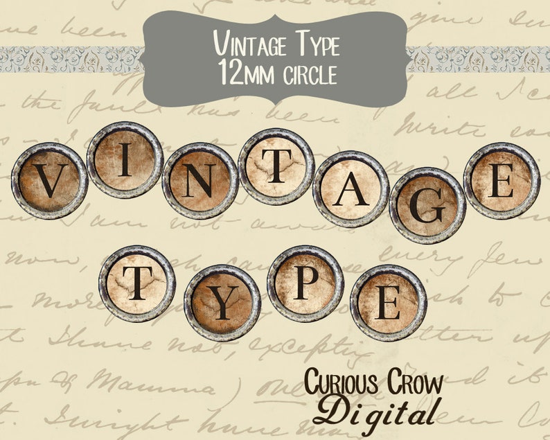 Vintage Typewriter Keys 12mm Circle Rounds Digital Collage Sheet INSTANT Download Bottle cap Pendant Jewelry Printable Download image 1