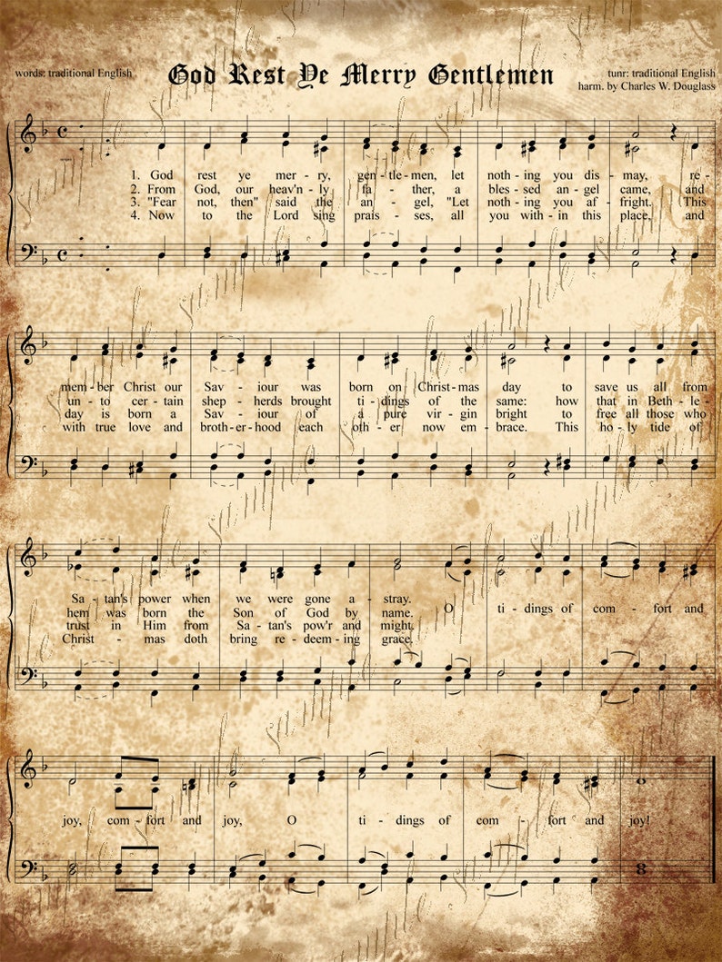 Grungy Aged Vintage Christmas Carol Music Digital Sheet INSTANT Printable Download 2 Sheets Deck the Halls and God Rest Ye Merry Gentlemen image 2