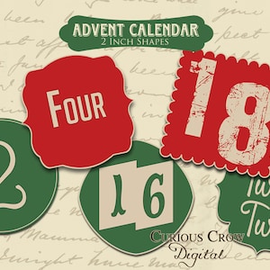 Christmas Advent Calendar Digital Collage Sheets  INSTANT Printable Download- Two 8.5&quot; x 11&quot; Pages of Hang Tags