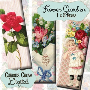 May include: Three digital printable bookmarks featuring vintage floral illustrations. The first bookmark features a single red rose with green leaves on a striped background. The second bookmark features a bouquet of pink and white flowers with blue forget-me-nots on a light blue background. The third bookmark features a young girl in a white dress holding a bouquet of red and yellow flowers on a pink and white patterned background. The text "Flower Garden 1 x 3 inches" is displayed at the top of the image.