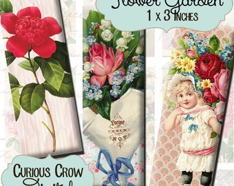 Flower Garden 1 x 3 inch Slide Digital Collage Sheet - INSTANT Printable Download - Jewelry, Pendants