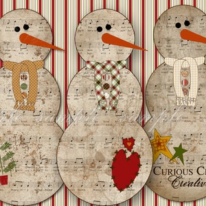 Prim Sheet Music Snowmen Digital Collage Sheet -  Christmas INSTANT Printable Download