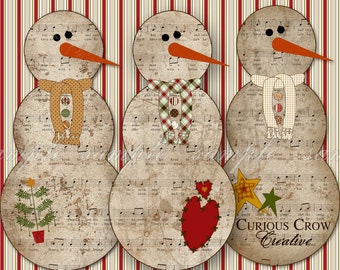 Prim Sheet Music Snowmen Digital Collage Sheet -  Christmas INSTANT Printable Download