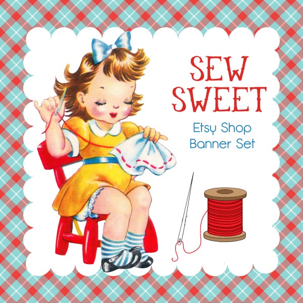 Etsy Shop Banner and Icon Pre-made Cute Vintage Girl -1950s Sewing Design - 2 Piece Set - "Sew Sweet "