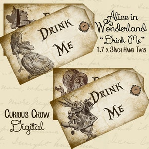 Drink Me Alice in Wonderland Characters Hang Tags Digital Collage Sheet 1.7 x 3 Inches INSTANT Printable Download Wedding or Party Favors image 1