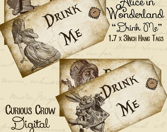 Drink Me Alice in Wonderland Characters Hang Tags Digital Collage Sheet 1.7 x 3 Inches INSTANT Printable Download Wedding or Party Favors